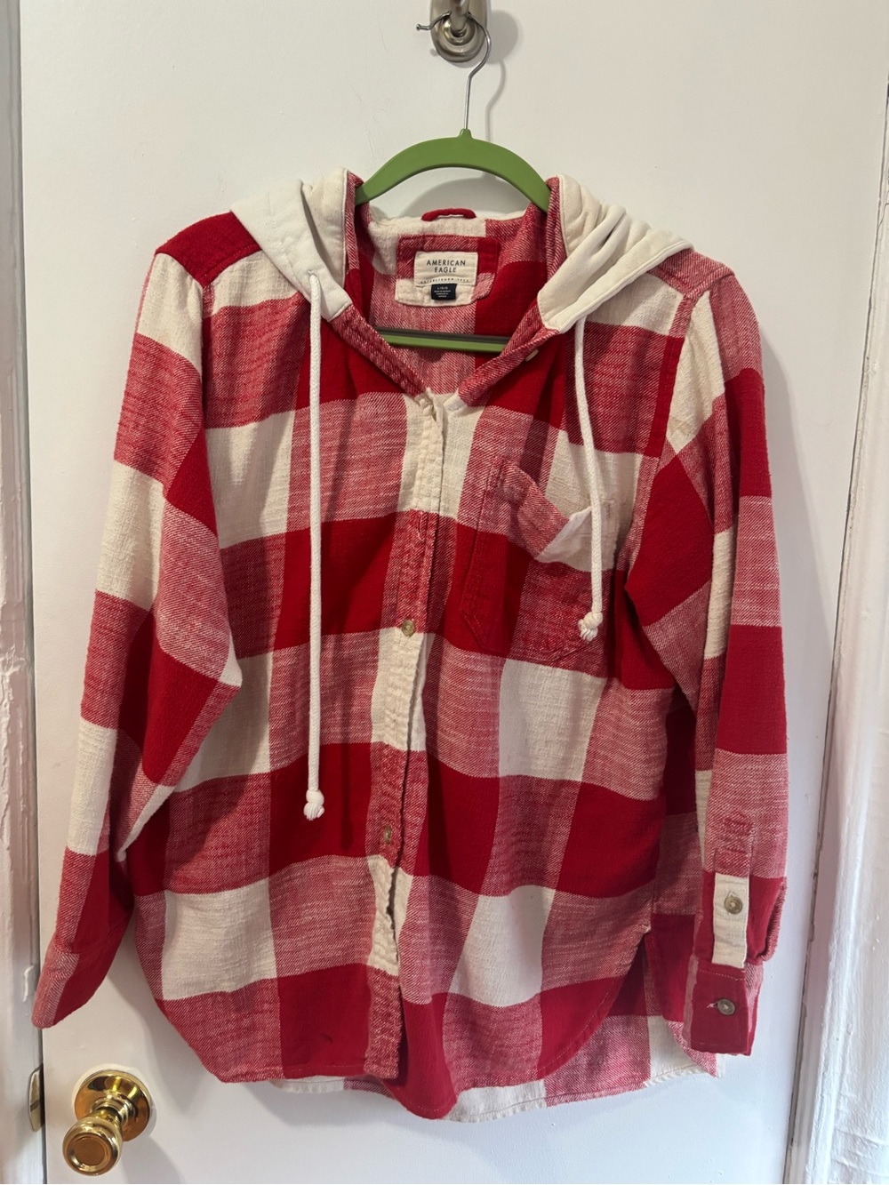 American Eagle Outfitters Red and White Plaid Hooded Flannel Shirt Jacket